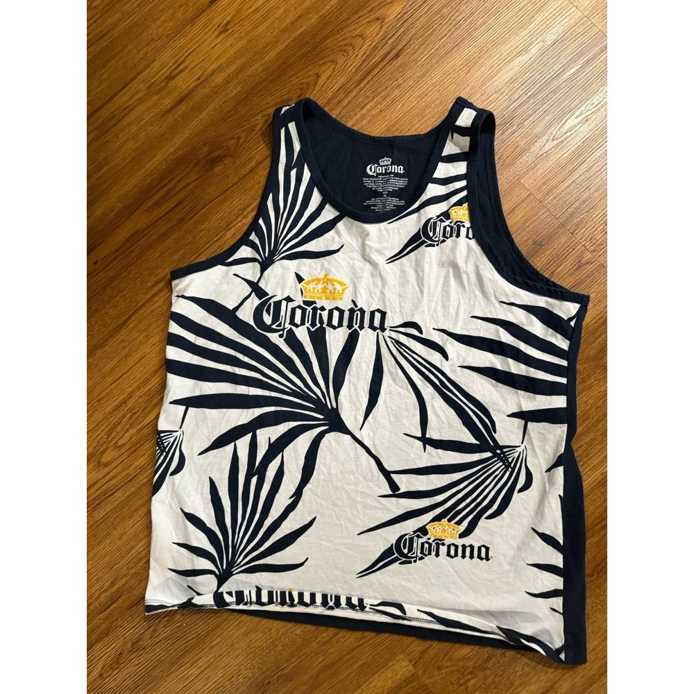Corona Tank Top White Navy Blue Palm Beach Hawaiian Tropical Men's Size XL